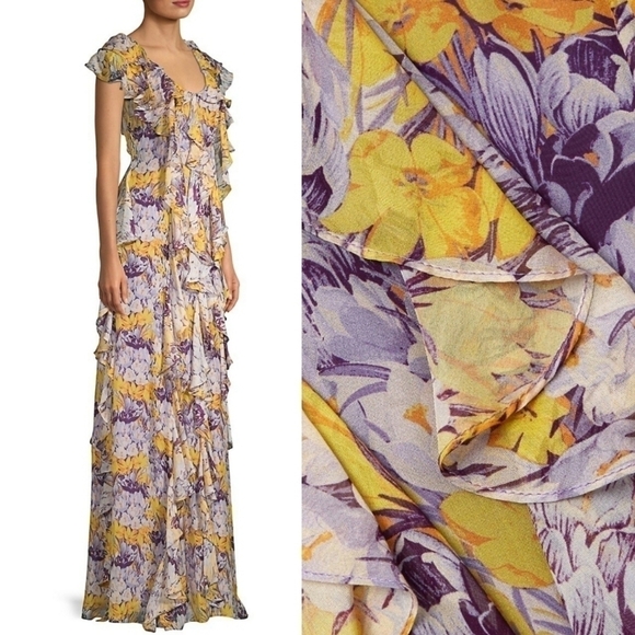 New Flor et. al Valles Floral Silk Chiffon Ruffle Lilac Gown Resort '20 4 US NWT - Picture 11 of 17
